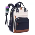 Detailansicht eines stilvollen Laptop-Rucksacks mit externem USB-Ladeanschluss in Blau - Blau & Beige