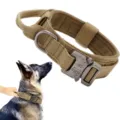 Detailed view of tactical nylon dog collar featuring heavy-duty metal buckle and handle - Brown