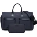 Large capacity charcoal travel duffel bag and matching toiletry pouch set with strap - Leather Patchwork Style / Black/Leather Patchwork