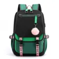 Large capacity school backpack in black and green with USB charging port and pompom - Green