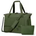 Large olive green gym duffel bag with USB port and matching cosmetic pouch set. - Three-Piece Set / Army Green