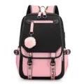 Large capacity pink and black school backpack with built-in USB charging port and charm - Pink and Black