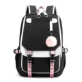 Front view of black and white student backpack with pink sport straps and fluffy keychain - Black