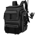 Close-up of functional gray fishing tackle backpack showing rod holder attachments - Black