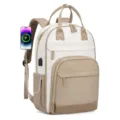 Großer Damen Laptop Rucksack in Weiß und Beige mit seitlichem USB Ladeanschluss Detail - Khaki und Beige