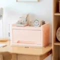 Large peach pink stackable plastic desktop storage box organizer, size 42x28.5x26cm - 2-Tier / Tabletop Style / Pink