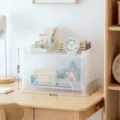 Stackable clear plastic desktop storage box with front door and 42x28.5x26cm dimensions - 2-Tier / Tabletop Style / Clear White