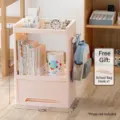 Multi-layer pink mobile plastic storage cart with side hooks and a bottom drawer - Triple Layer / Non-Wheeled Style (With Bag Hook) / Pink