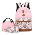 Conjunto de mochila escolar floral rosa de tres piezas con bolsa de almuerzo y estuche. - Ribete Rosa