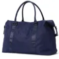 Side detailed view of a navy blue nylon travel duffel bag for gym and weekend trips - Navy Blue