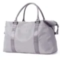 Detailed side view of a gray water-resistant travel duffel bag with sturdy handles. - Gray