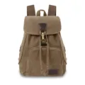 Front view of a vintage khaki canvas backpack with drawstring and metal clasp - Coffee