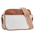 Detail view of a retro patchwork crossbody bag with quilted pattern and wide woven strap - White Brown