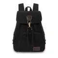 Front view of this vintage black canvas backpack with drawstring and buckle closure. - Black