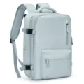 Minimalist light blue travel backpack with large capacity and USB charging port detail. - Vertical Single Zipper Style / Light Blue