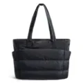 Detailed view of large black puffer tote bag showing quilted texture and side pocket - Black