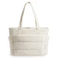 Front view of cream quilted tote bag showing large compartments and long straps. - Off White