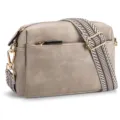 Macro detail of a grey faux leather crossbody bag with three functional zippers. - Light Gray