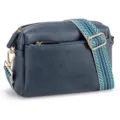 Bolso bandolera pequeño de cuero azul para mujer con correa tejida de colores y tres cremalleras. - Azul marino