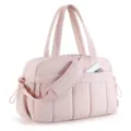 Detail showing the quilted texture and zipper pocket of a large pink nylon travel bag for fitness - Pink