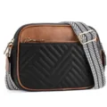Close-up of vintage color-block crossbody bag with quilted pattern and woven strap - Black Brown
