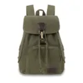 Detail of a vintage green canvas backpack with brown leather accents and metal clasp. - Army Green