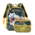 Green and yellow kids school backpack set featuring cartoon dinosaur and DINO text - Set (With Lunch Bag) / Green