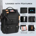 Multi-functional fishing backpack features tackle trays and rod holders for angling - Style with Flag Patch / Black