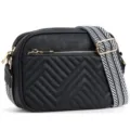 Elegant black faux leather crossbody bag featuring chevron quilting and a wide guitar strap - Black