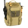 Detail view of khaki tactical fishing backpack showing rod storage and Molle system - Basic Style / Khaki