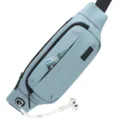 Light blue sports waist bag with zipper card slot and headphone port for outdoor activities. - PU - Blue