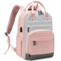 Zaino capiente per laptop rosa e grigio da donna con porta di ricarica USB esterna - Patchwork Rosa e Grigio Chiaro