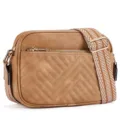 Detail of tan quilted crossbody bag with a stylish patterned woven shoulder strap - Camel Brown