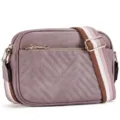 Detail of mauve faux leather crossbody bag with chevron stitching and striped canvas strap. - Pink