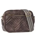 Vintage bronze chevron quilted crossbody bag with stylish geometric patterned wide strap - Coffee