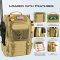 Multifunctional outdoor lure fishing backpack with tackle trays and gear pockets - Style with Flag Patch / Khaki