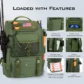 Army green tactical fishing backpack with multi-functional storage pockets and tackle trays. - Style with Flag Patch / Green