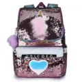 Fashionable girls' pink sequin backpack featuring plush unicorn and holographic heart detail - Rose Gold With Heart And Pom Pom