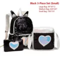 Stylish black sequin 3-piece backpack set for girls featuring holographic heart patch - Small Set / Black