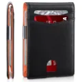 Close-up detail of black slim wallet with orange interior and metal money clip - Lychee Pattern Short Style (With Money Clip) / Classic Black and Orange