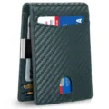 Detail view of men's slim wallet featuring carbon fiber texture and built-in money clip - Carbon Fiber Texture Short Style (With Money Clip) / Carbon Green