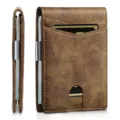 Side and front view of a distressed brown microfiber leather slim card holder wallet - Vintage Frosted Short Style (With Money Clip) / Crazy Horse Brown