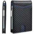 Side and front view of slim carbon fiber wallet with integrated metal money clip - Carbon Fiber Texture Short Style (With Money Clip) / Carbon Black Blue Accented