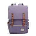 Front view of purple vintage canvas laptop backpack with brown faux leather straps - Vintage Style (30527) / Upgraded With USB / Purple
