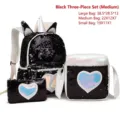 Stylish 3-piece black sequin backpack set for girls with shimmering heart designs - Medium 3-Piece Set / Black