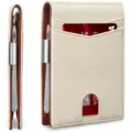 Detailed macro view of slim microfiber leather wallet featuring card slots and pen holder - Pen Slot Card Holder Style / Off White