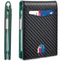Close-up of carbon fiber slim wallet showing the side profile and multiple card slots. - Carbon Fiber Texture Short Style (With Money Clip) / Carbon Black and Green