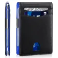 Detailed view of men's slim microfiber leather wallet with blue interior contrast - Lychee Pattern Short Style (With Money Clip) / Classic Black and Blue