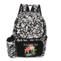 Floral print backpack for women with daisy pattern and matching detachable cylindrical pouch - Black Daisy Print