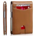 Detail view of slim brown leather RFID wallet with metal money clip and card slots - Lychee Pattern Short Style (With Money Clip) / Leather California Dessert